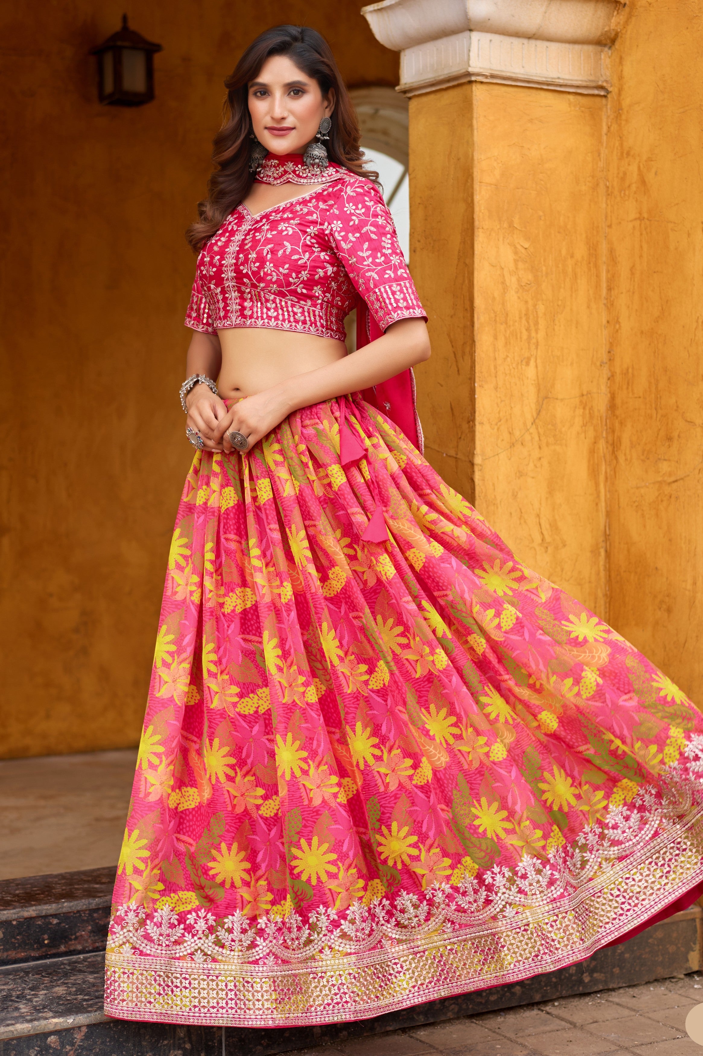 Pink Art Silk Floral Lehenga Choli For Indian & Pakistani Wedding Festival - Embroidery Work, Print Work