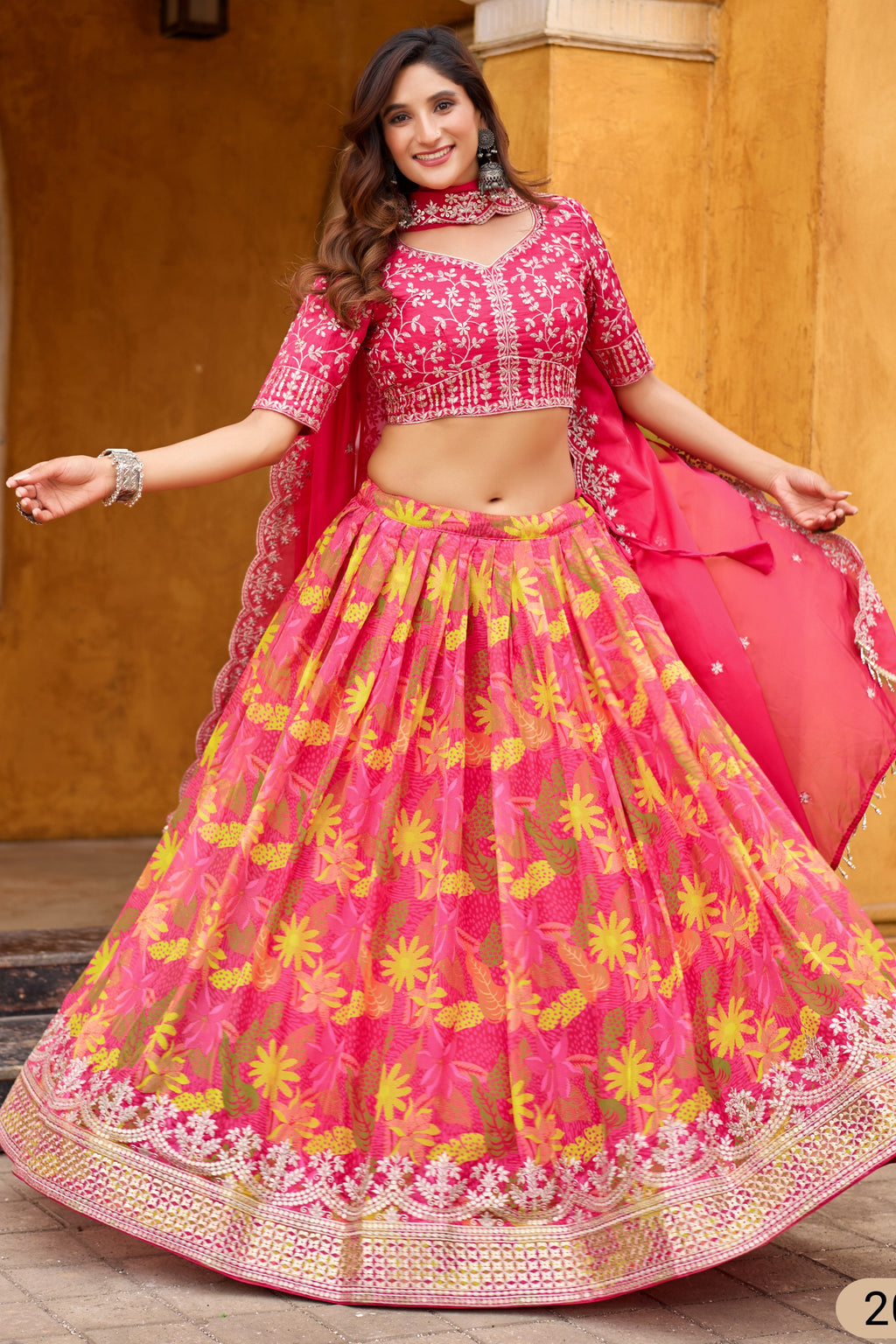 Pink Art Silk Floral Lehenga Choli For Indian & Pakistani Wedding Festival - Embroidery Work, Print Work