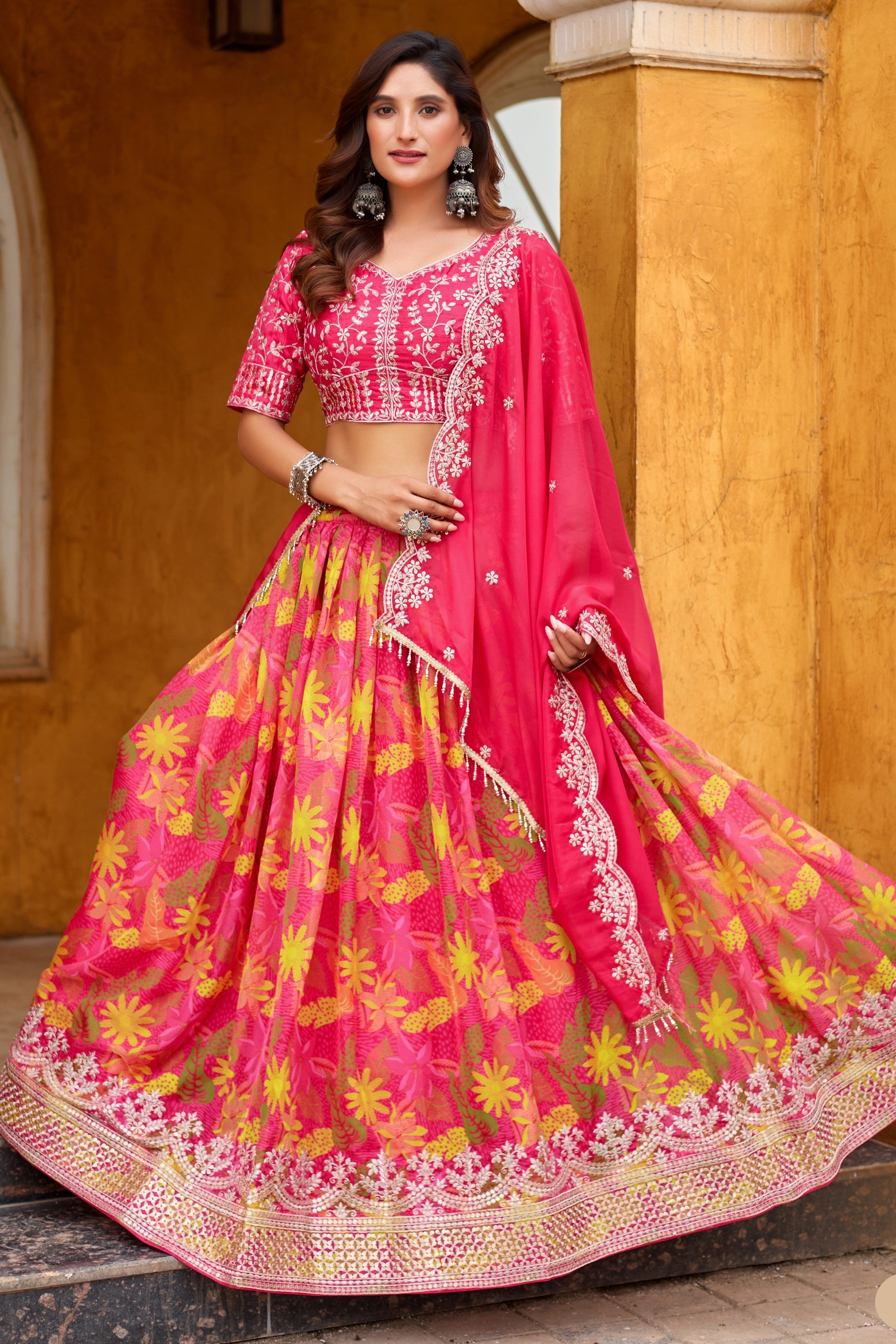 Pink Art Silk Floral Lehenga Choli For Indian & Pakistani Wedding Festival - Embroidery Work, Print Work
