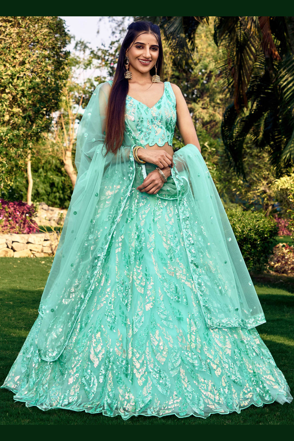 Sea Green Net Reception Lehenga Choli For Indian & Pakistani Wedding Festival - Sequins & Thread Embroidery Work