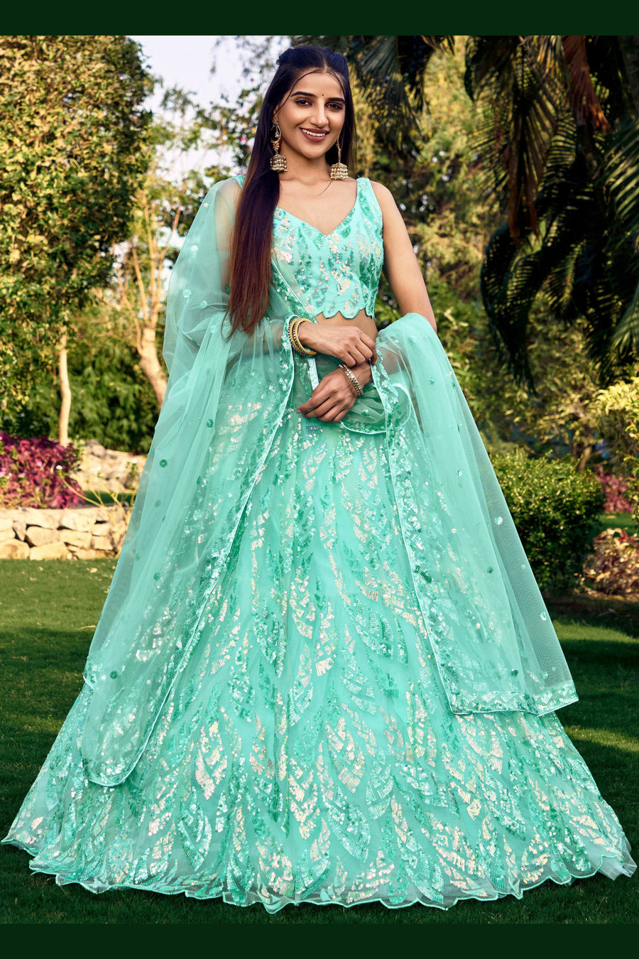 Sea Green Net Reception Lehenga Choli For Indian & Pakistani Wedding Festival - Sequins & Thread Embroidery Work