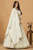 Off-White Art Silk Lehenga Choli For Indian & Pakistani Wedding Festival - Thread Embroidery Work, Foil Mirror Work