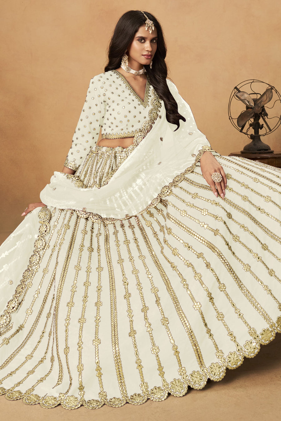 Off-White Art Silk Lehenga Choli For Indian & Pakistani Wedding Festival - Thread Embroidery Work, Foil Mirror Work