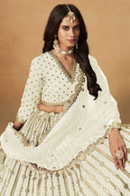 Off-White Art Silk Lehenga Choli For Indian & Pakistani Wedding Festival - Thread Embroidery Work, Foil Mirror Work