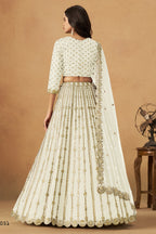 Off-White Art Silk Lehenga Choli For Indian & Pakistani Wedding Festival - Thread Embroidery Work, Foil Mirror Work