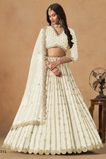 Off-White Art Silk Lehenga Choli For Indian & Pakistani Wedding Festival - Thread Embroidery Work, Foil Mirror Work