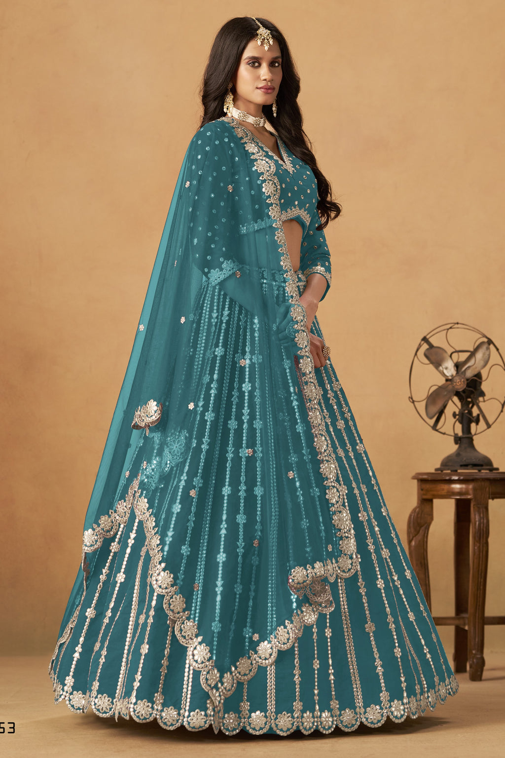 Teal Art Silk Lehenga Choli For Indian & Pakistani Wedding Festival - Thread Embroidery Work, Foil Mirror Work
