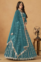 Teal Art Silk Lehenga Choli For Indian & Pakistani Wedding Festival - Thread Embroidery Work, Foil Mirror Work