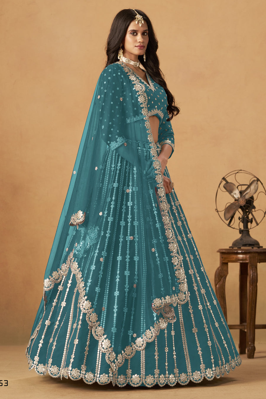 Teal Art Silk Lehenga Choli For Indian & Pakistani Wedding Festival - Thread Embroidery Work, Foil Mirror Work