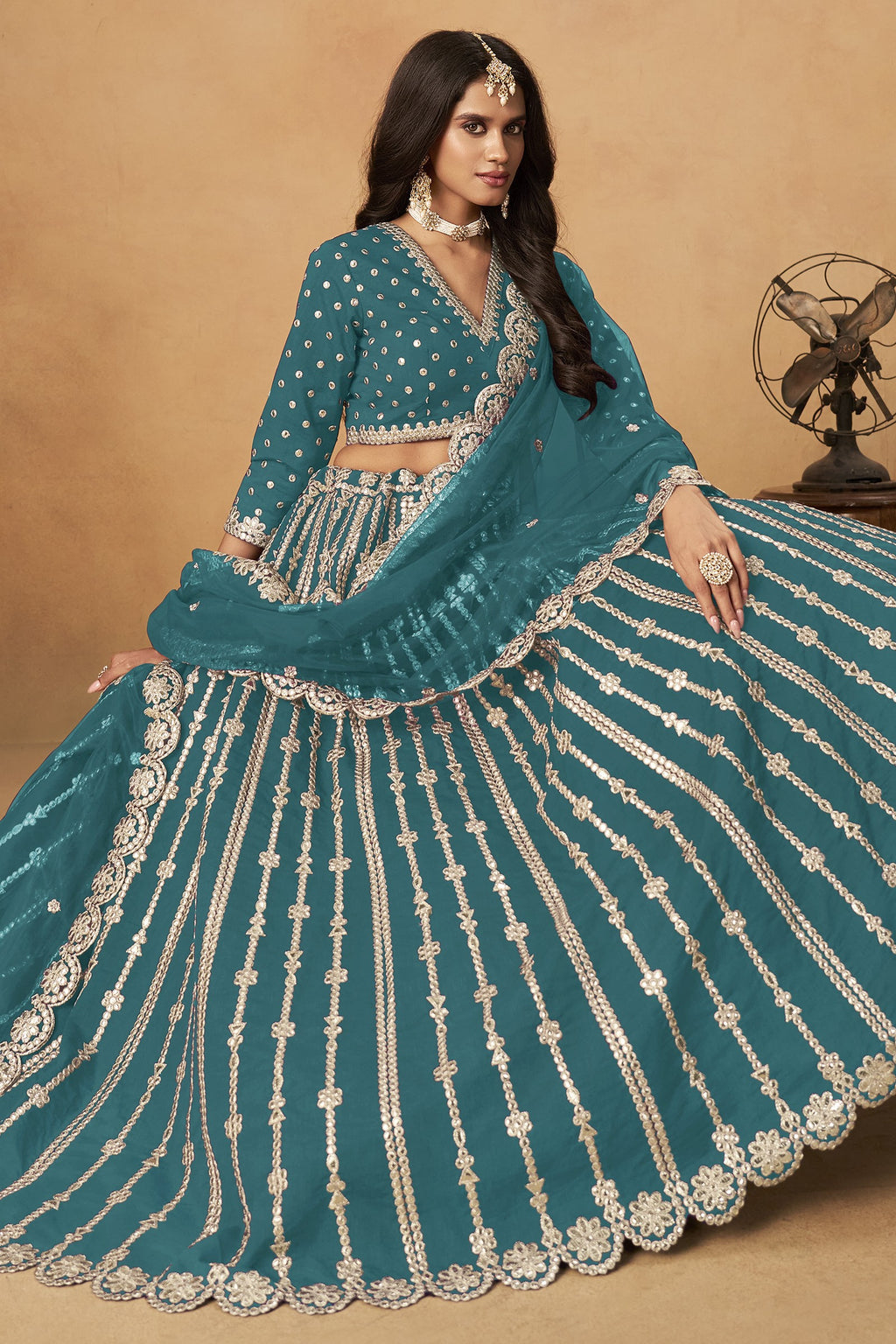 Teal Art Silk Lehenga Choli For Indian & Pakistani Wedding Festival - Thread Embroidery Work, Foil Mirror Work