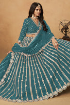 Teal Art Silk Lehenga Choli For Indian & Pakistani Wedding Festival - Thread Embroidery Work, Foil Mirror Work