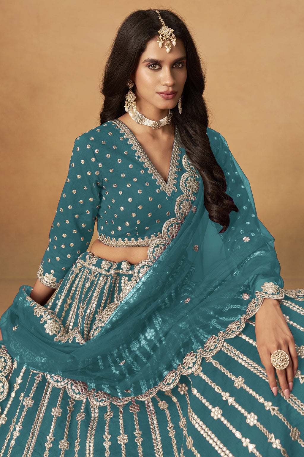 Teal Art Silk Lehenga Choli For Indian & Pakistani Wedding Festival - Thread Embroidery Work, Foil Mirror Work