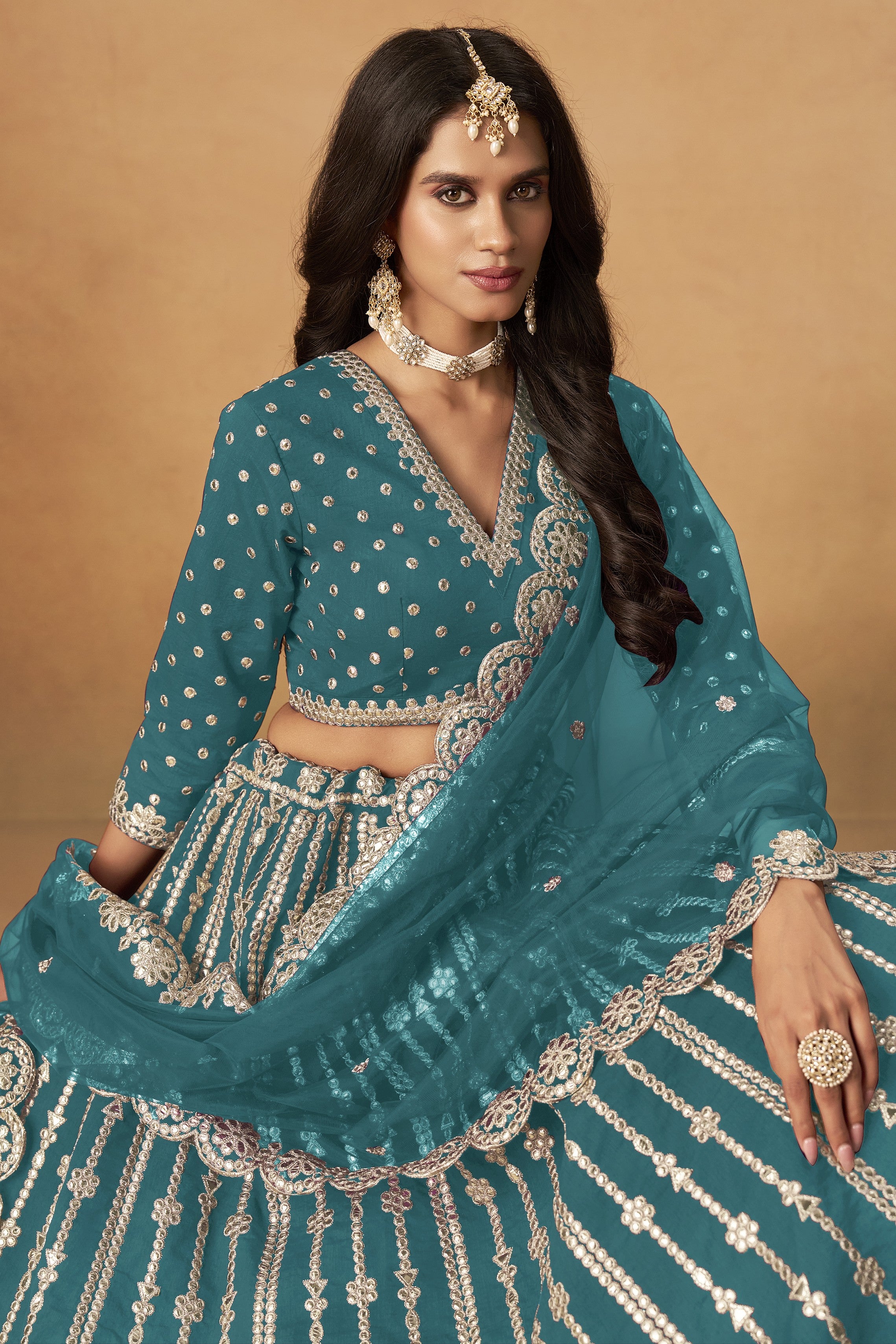 Teal Art Silk Lehenga Choli For Indian & Pakistani Wedding Festival - Thread Embroidery Work, Foil Mirror Work