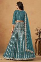 Teal Art Silk Lehenga Choli For Indian & Pakistani Wedding Festival - Thread Embroidery Work, Foil Mirror Work
