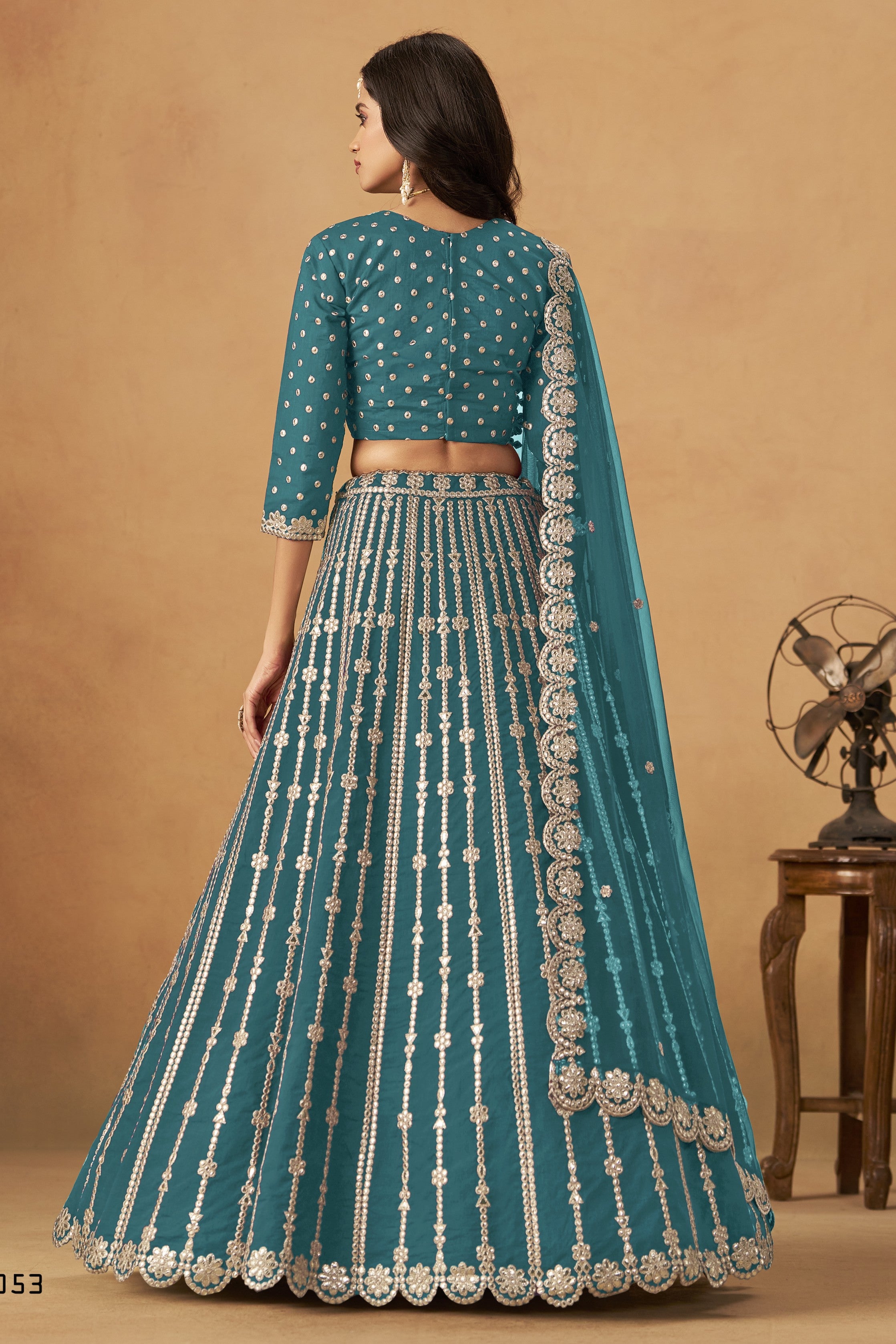 Teal Art Silk Lehenga Choli For Indian & Pakistani Wedding Festival - Thread Embroidery Work, Foil Mirror Work