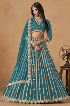 Teal Art Silk Lehenga Choli For Indian & Pakistani Wedding Festival - Thread Embroidery Work, Foil Mirror Work