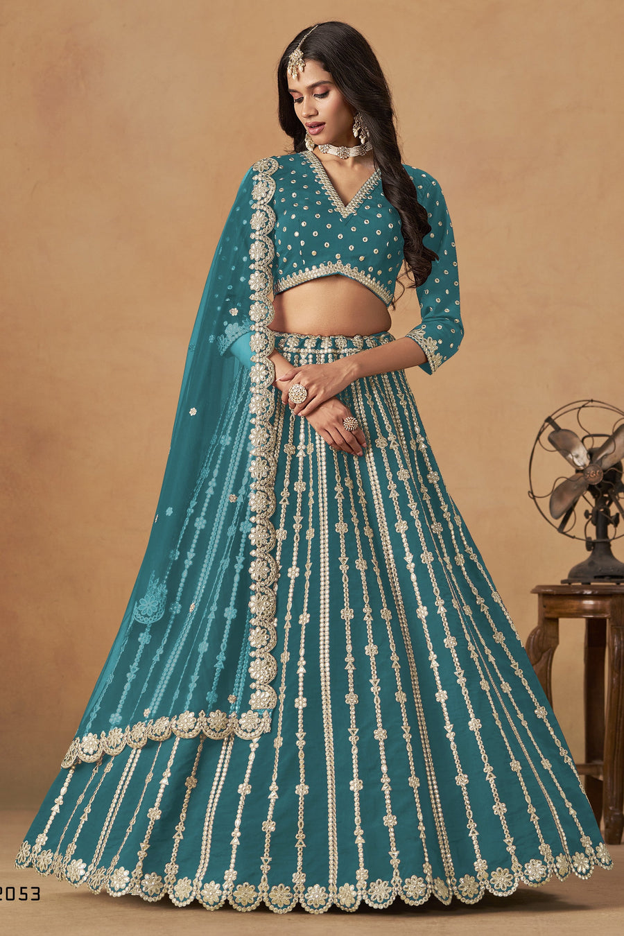 Teal Art Silk Lehenga Choli For Indian & Pakistani Wedding Festival - Thread Embroidery Work, Foil Mirror Work