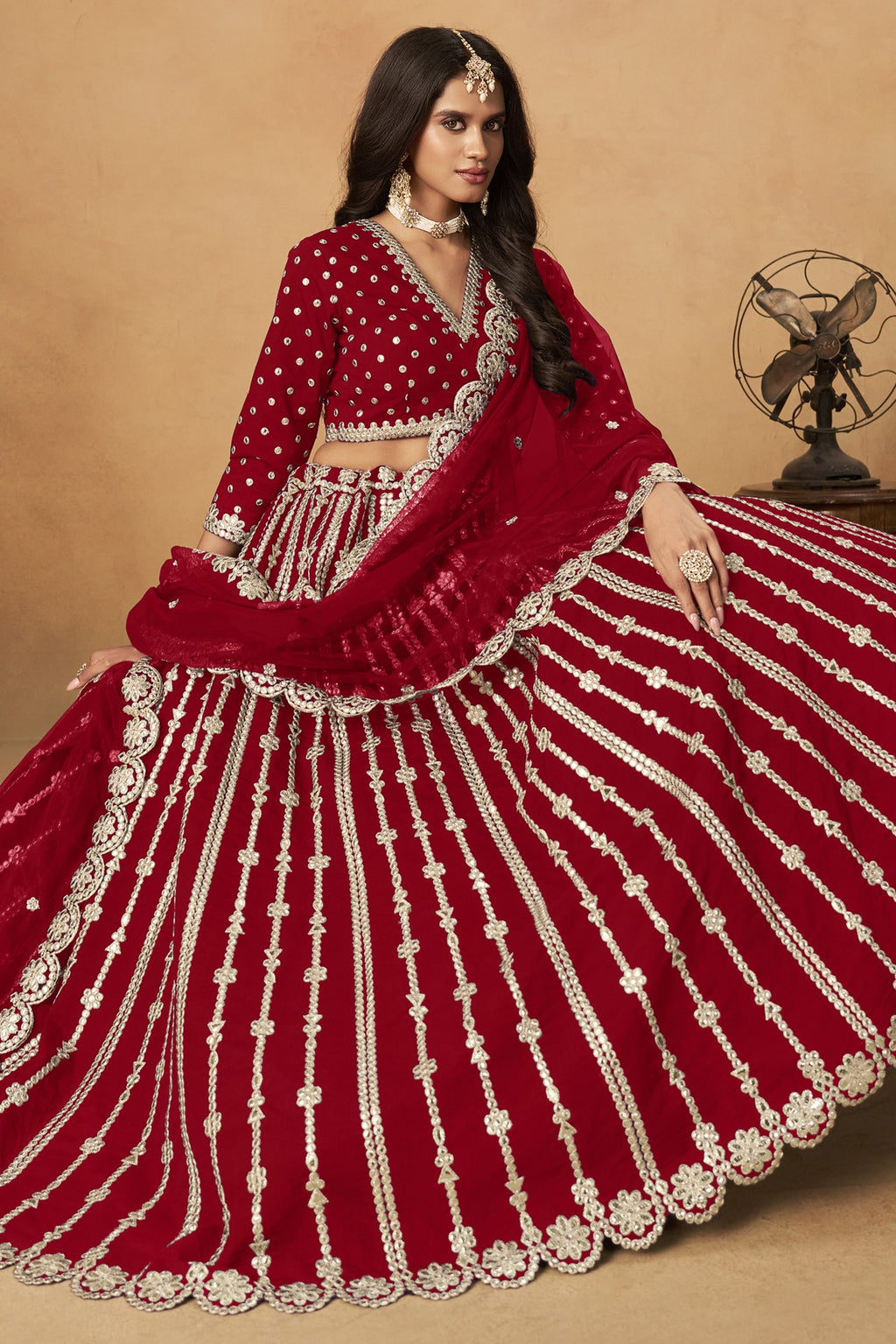 Red Art Silk Lehenga Choli For Indian & Pakistani Wedding Festival - Thread Embroidery Work, Foil Mirror Work