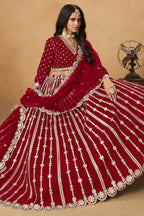 Red Art Silk Lehenga Choli For Indian & Pakistani Wedding Festival - Thread Embroidery Work, Foil Mirror Work