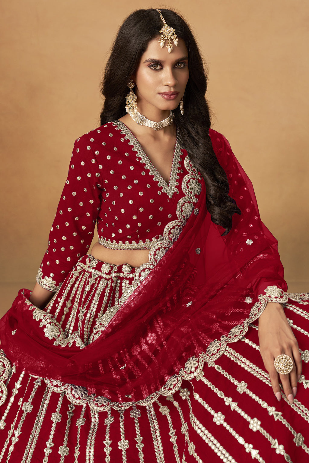 Red Art Silk Lehenga Choli For Indian & Pakistani Wedding Festival - Thread Embroidery Work, Foil Mirror Work