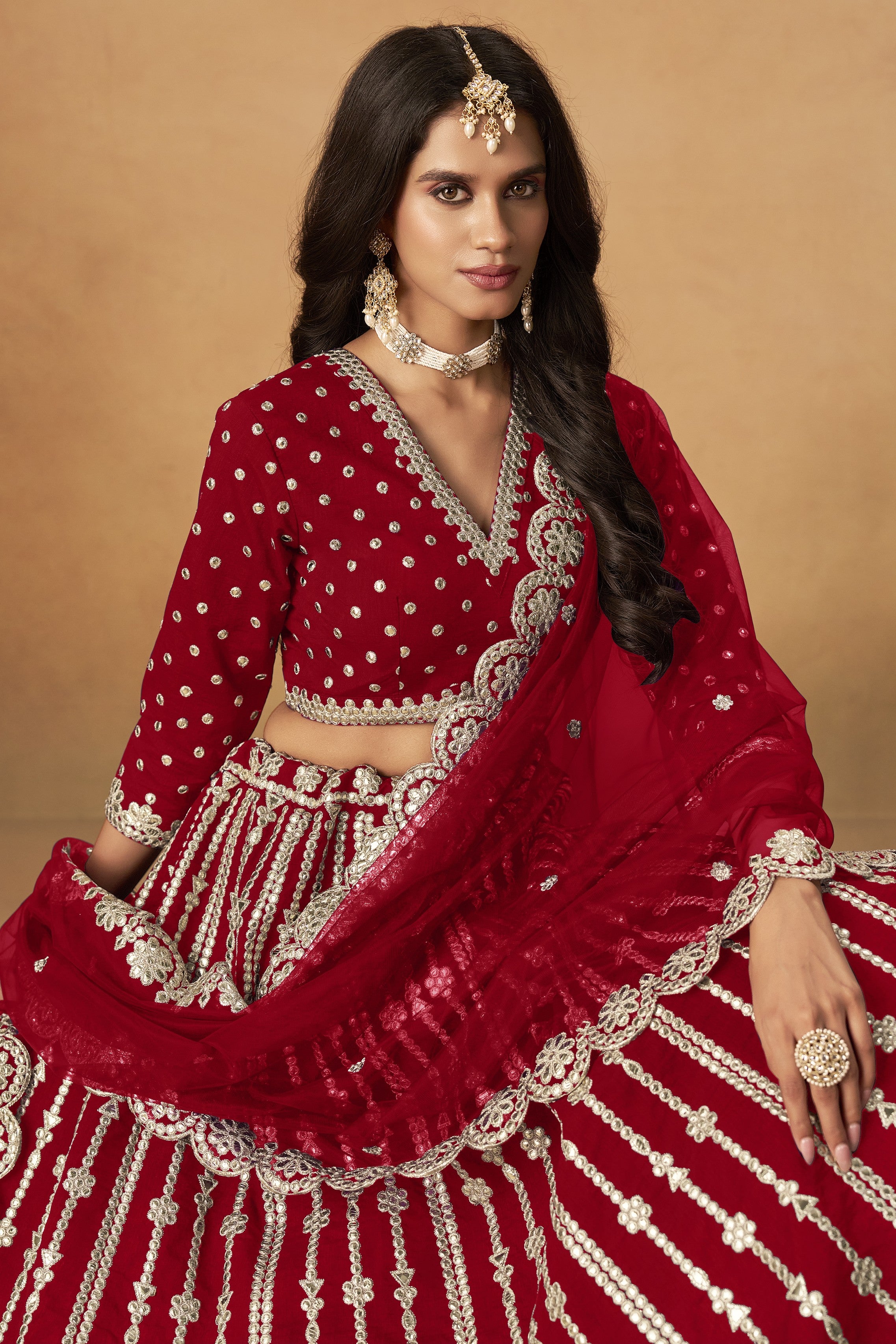 Red Art Silk Lehenga Choli For Indian & Pakistani Wedding Festival - Thread Embroidery Work, Foil Mirror Work
