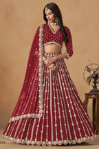 Red Art Silk Lehenga Choli For Indian & Pakistani Wedding Festival - Thread Embroidery Work, Foil Mirror Work