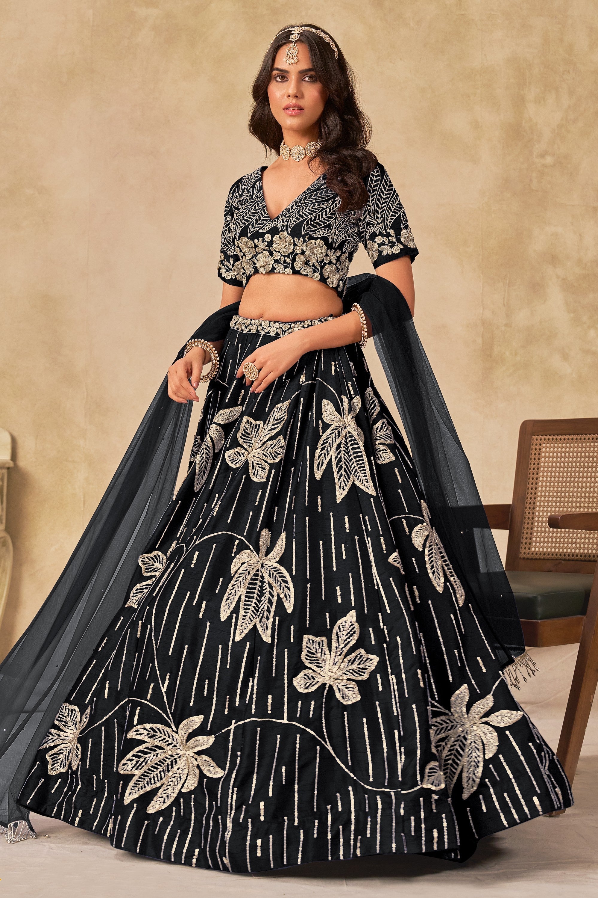 Black Art Silk Lehenga Choli For Indian & Pakistani Wedding Festival - Sequins & Thread Embroidery Work