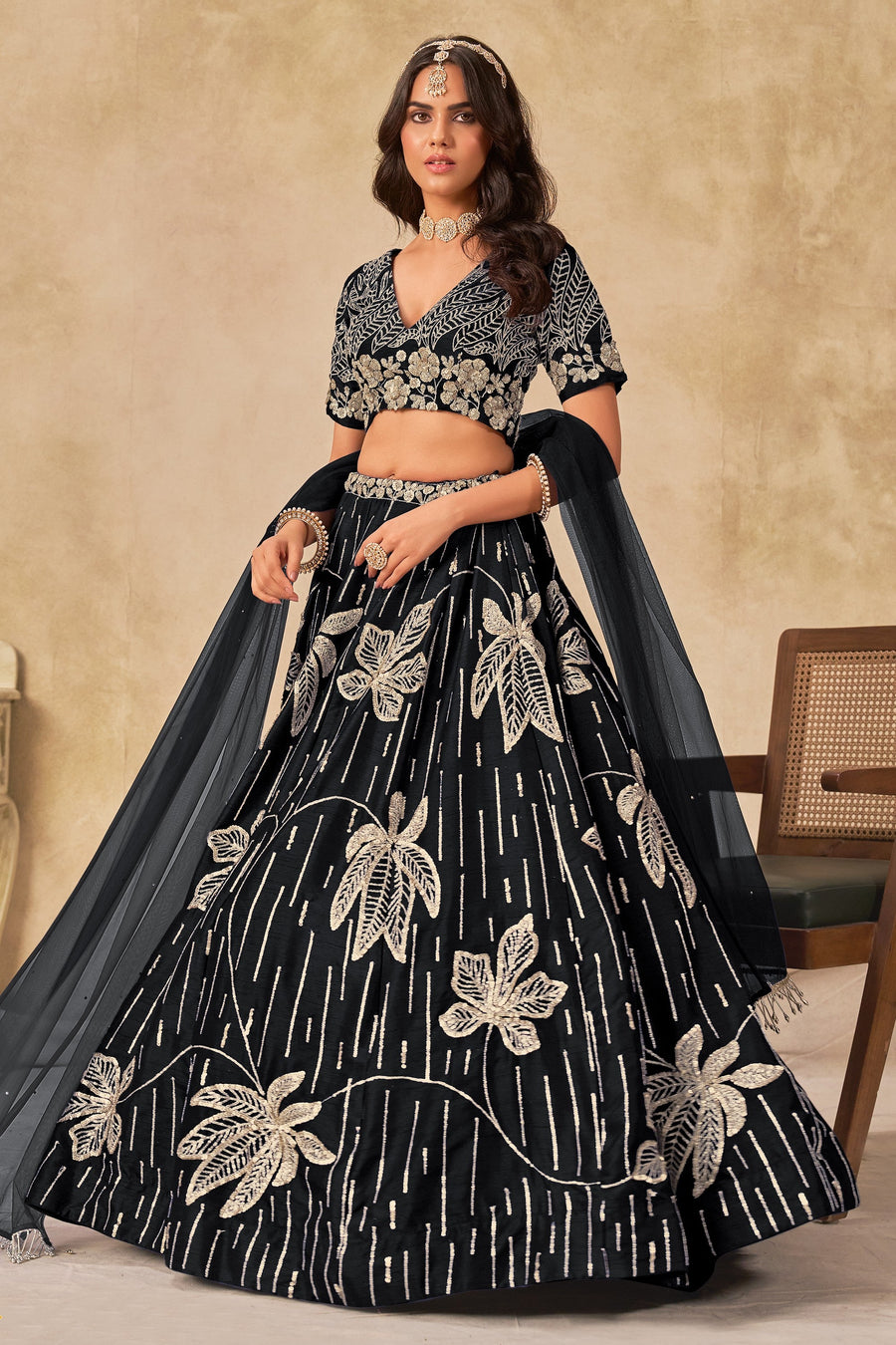 Black Art Silk Lehenga Choli For Indian & Pakistani Wedding Festival - Sequins & Thread Embroidery Work