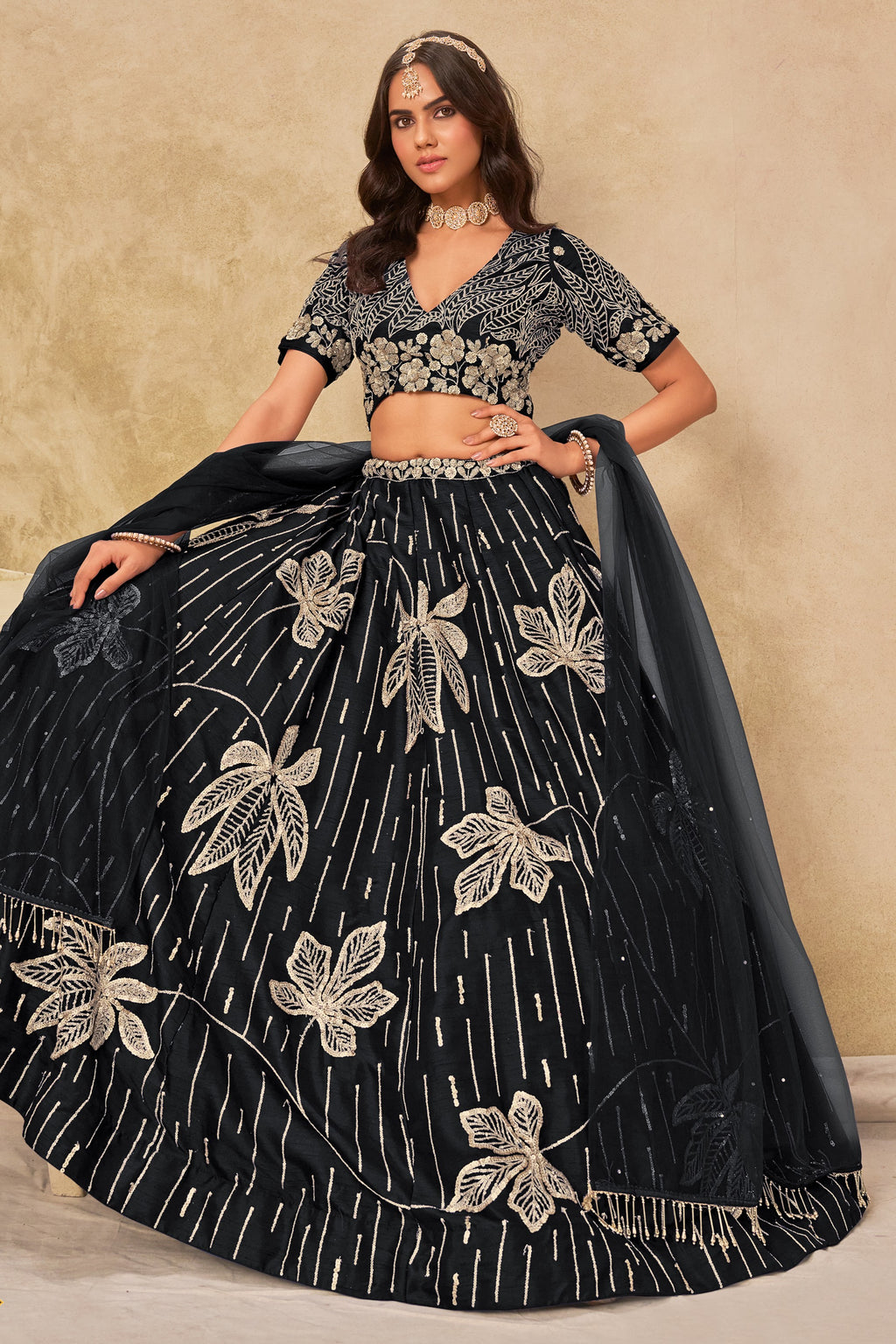 Black Art Silk Lehenga Choli For Indian & Pakistani Wedding Festival - Sequins & Thread Embroidery Work