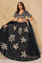 Black Art Silk Lehenga Choli For Indian & Pakistani Wedding Festival - Sequins & Thread Embroidery Work