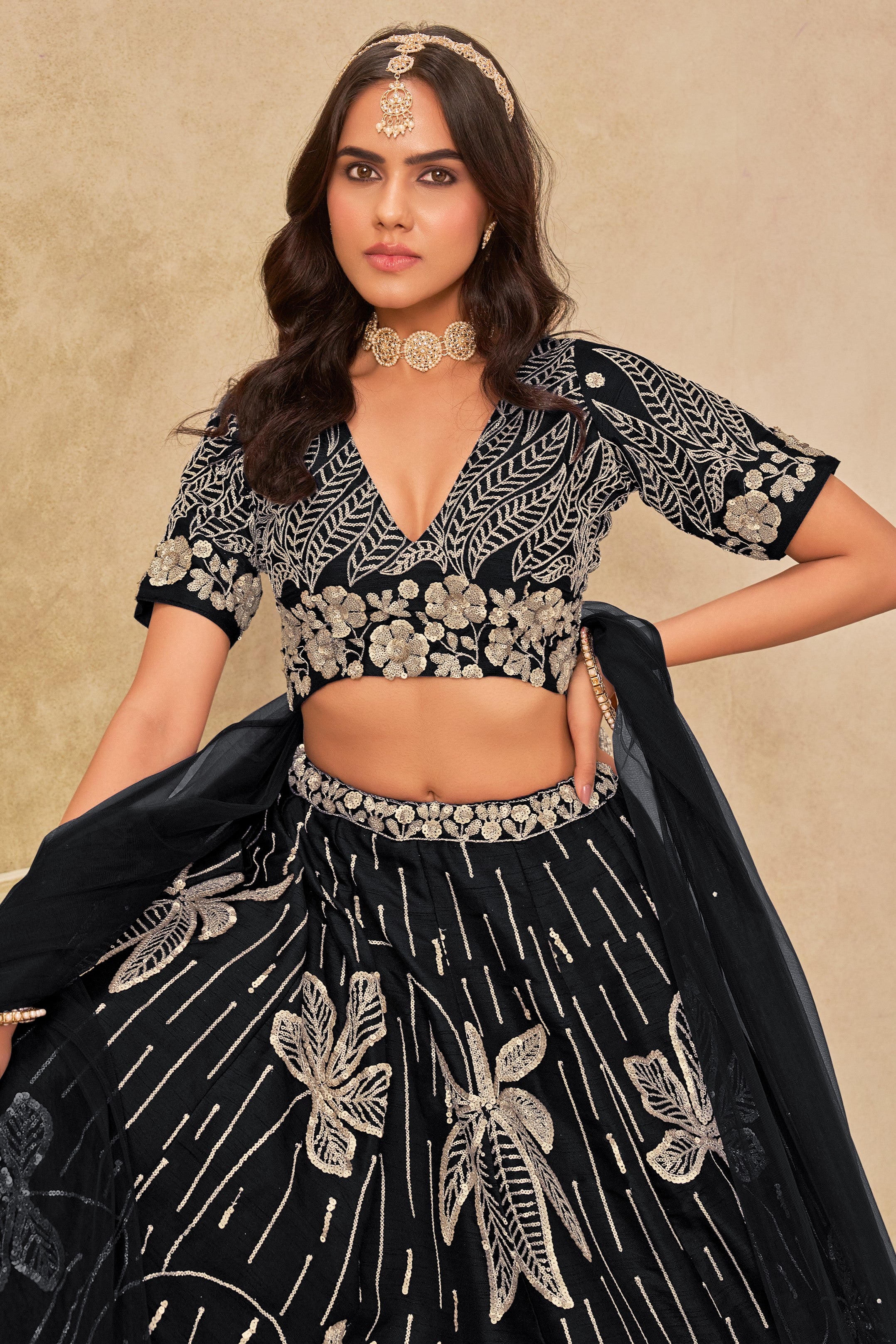 Black Art Silk Lehenga Choli For Indian & Pakistani Wedding Festival - Sequins & Thread Embroidery Work