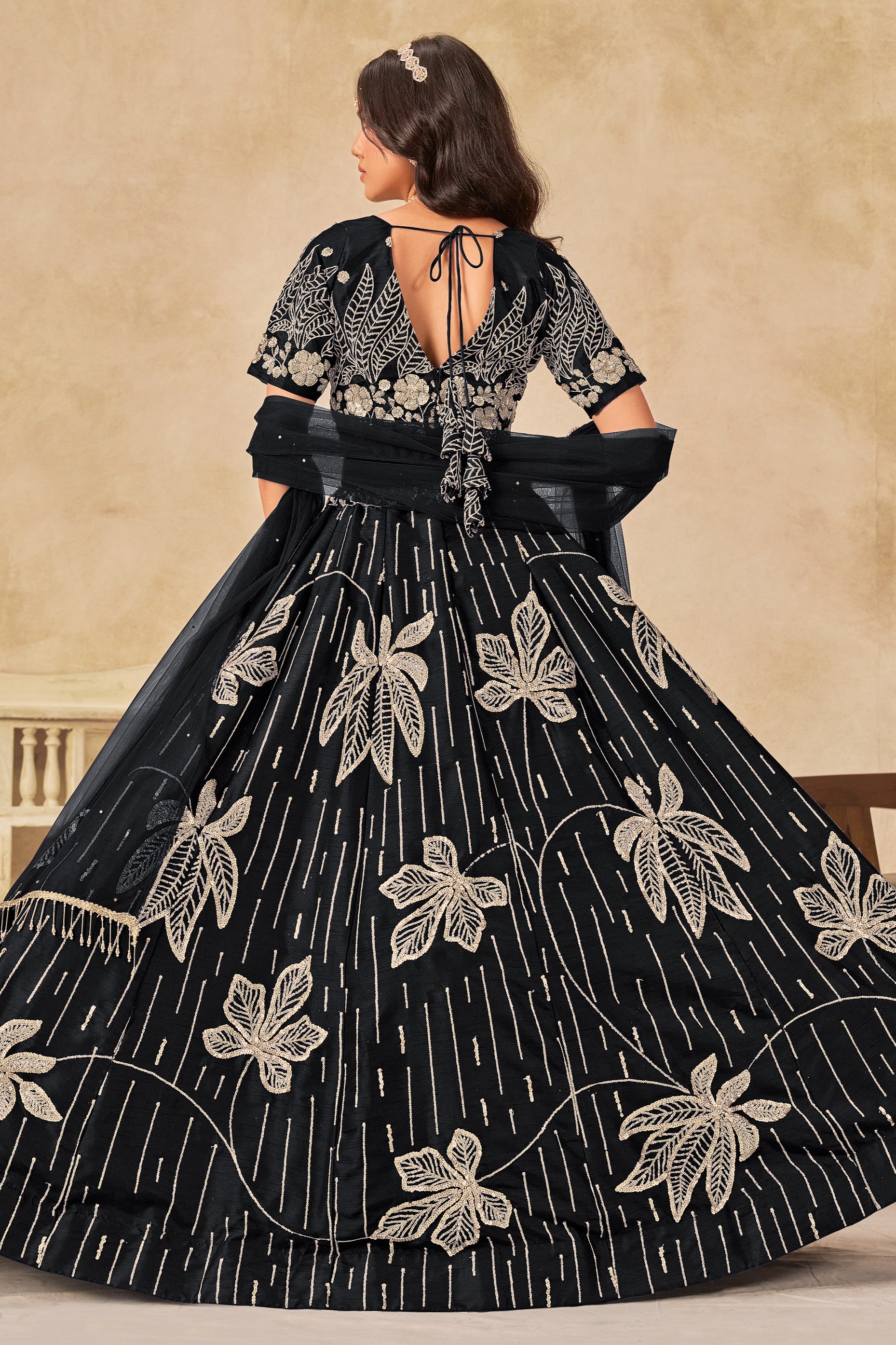 Black Art Silk Lehenga Choli For Indian & Pakistani Wedding Festival - Sequins & Thread Embroidery Work