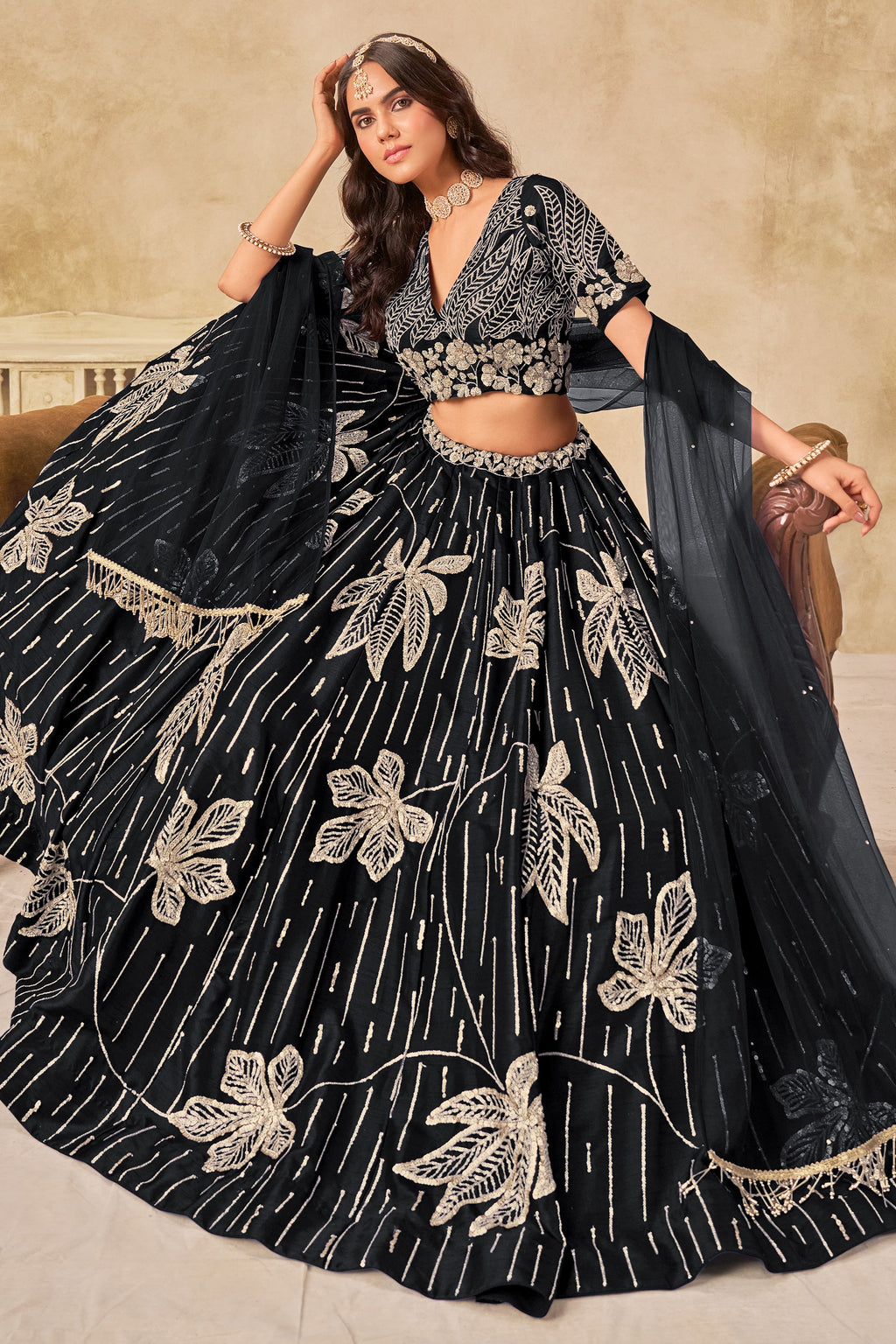 Black Art Silk Lehenga Choli For Indian & Pakistani Wedding Festival - Sequins & Thread Embroidery Work