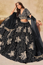 Black Art Silk Lehenga Choli For Indian & Pakistani Wedding Festival - Sequins & Thread Embroidery Work