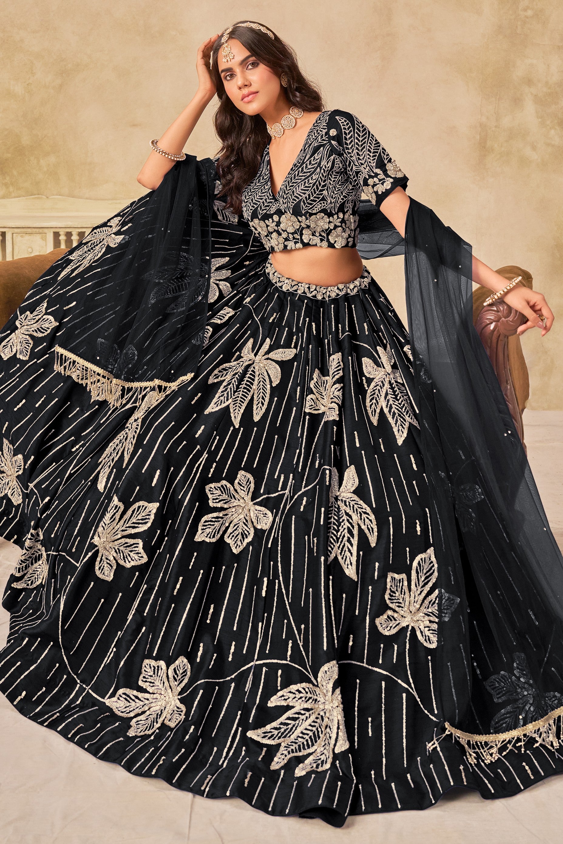 Black Art Silk Lehenga Choli For Indian & Pakistani Wedding Festival - Sequins & Thread Embroidery Work