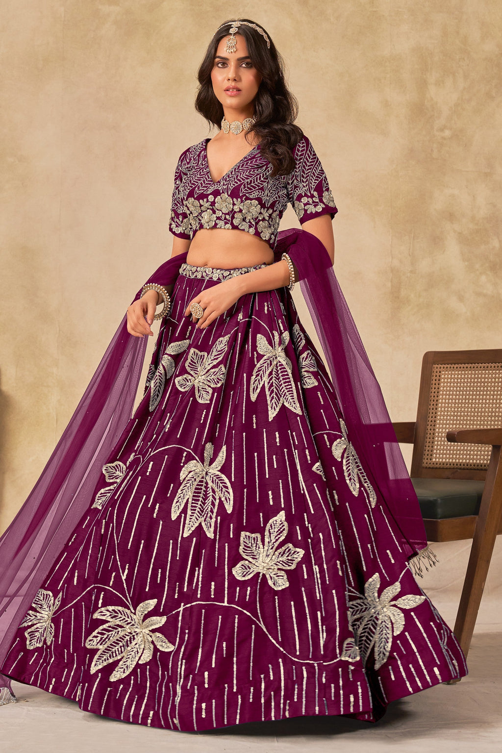 Wine Art Silk Lehenga Choli For Indian & Pakistani Wedding Festival - Sequins & Thread Embroidery Work