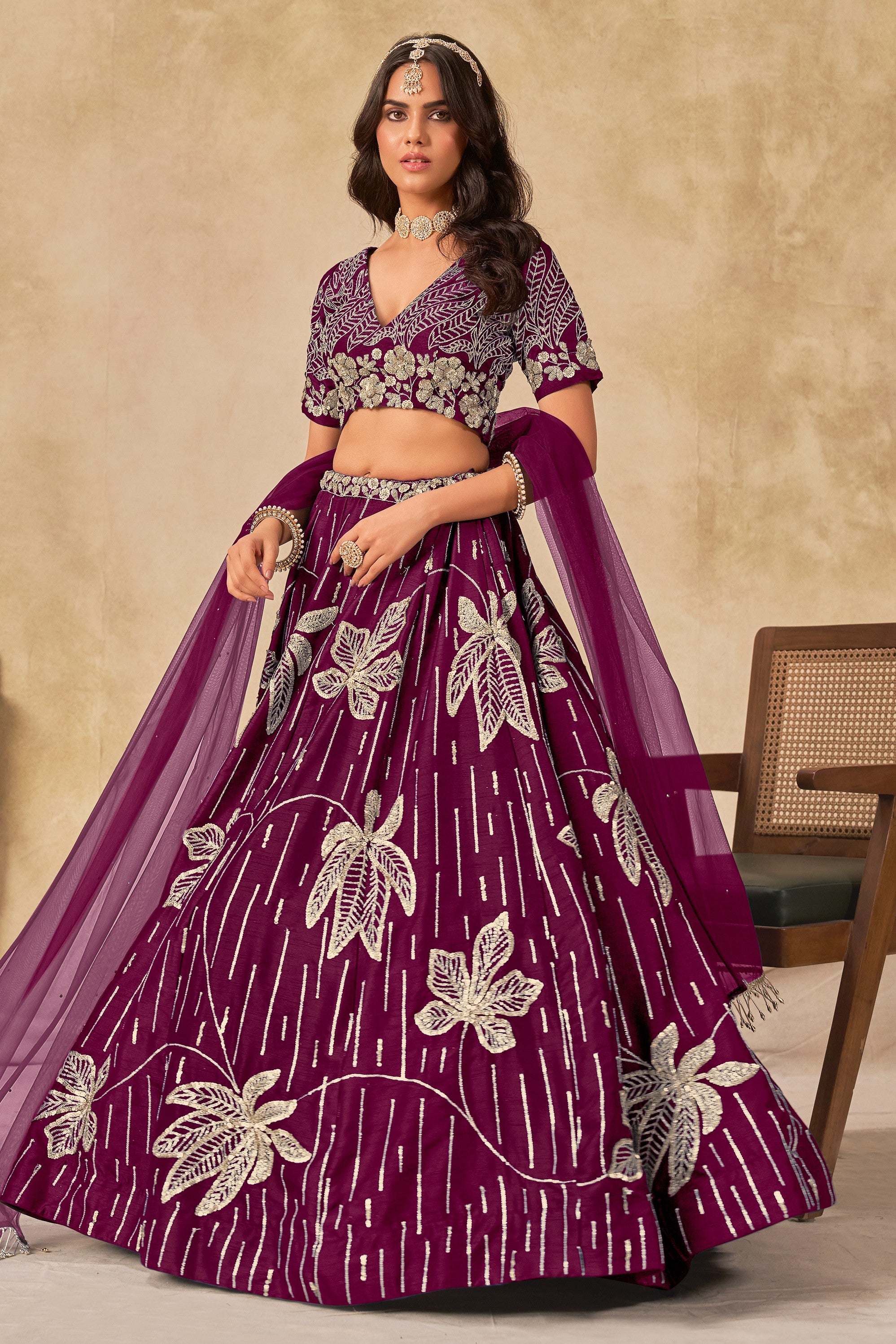 Wine Art Silk Lehenga Choli For Indian & Pakistani Wedding Festival - Sequins & Thread Embroidery Work