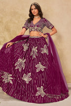 Wine Art Silk Lehenga Choli For Indian & Pakistani Wedding Festival - Sequins & Thread Embroidery Work