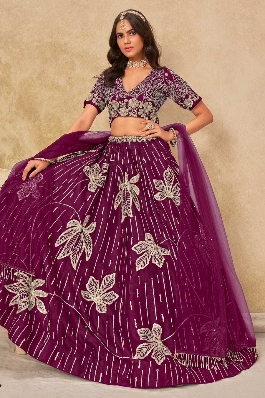 Wine Art Silk Lehenga Choli For Indian & Pakistani Wedding Festival - Sequins & Thread Embroidery Work