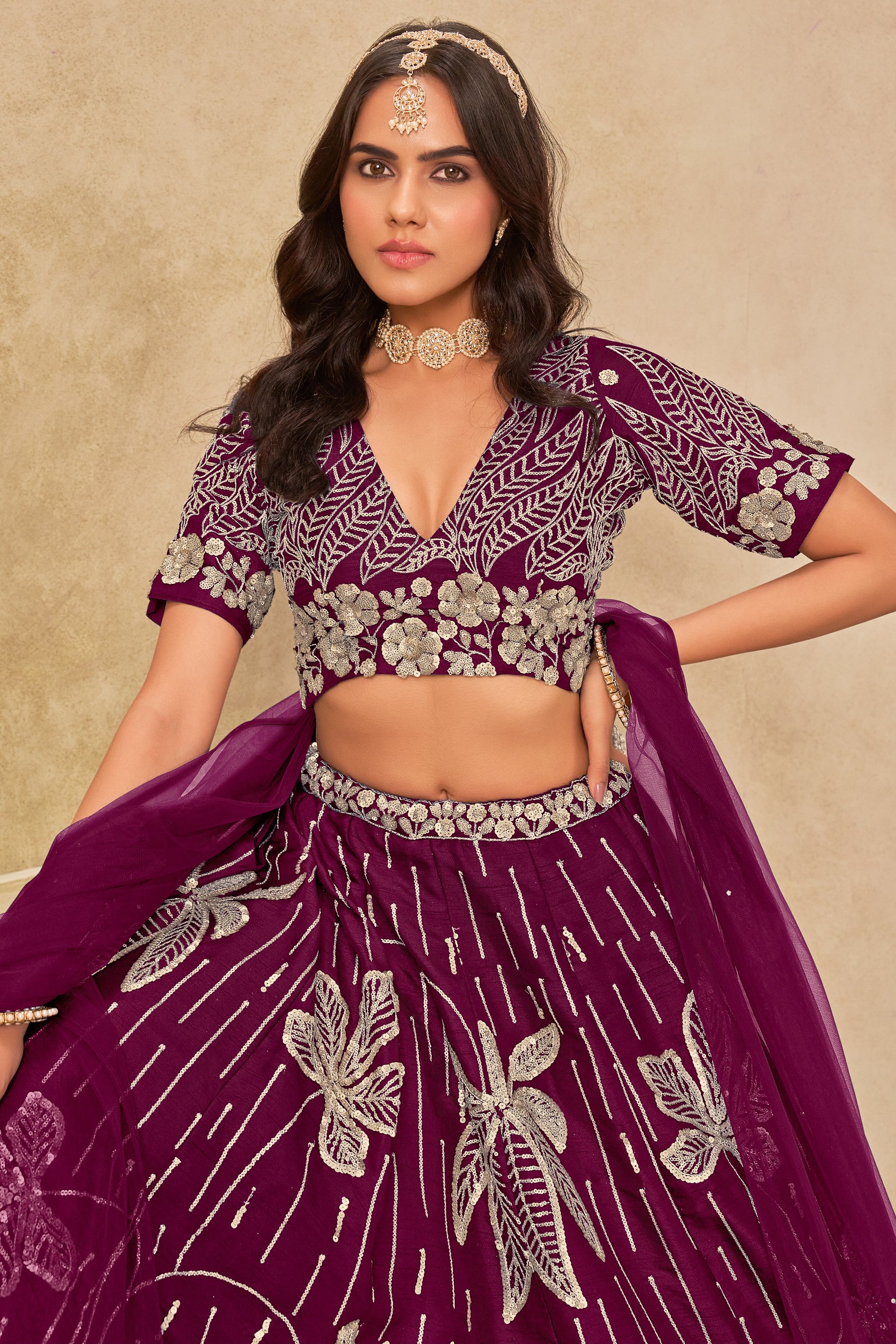 Wine Art Silk Lehenga Choli For Indian & Pakistani Wedding Festival - Sequins & Thread Embroidery Work