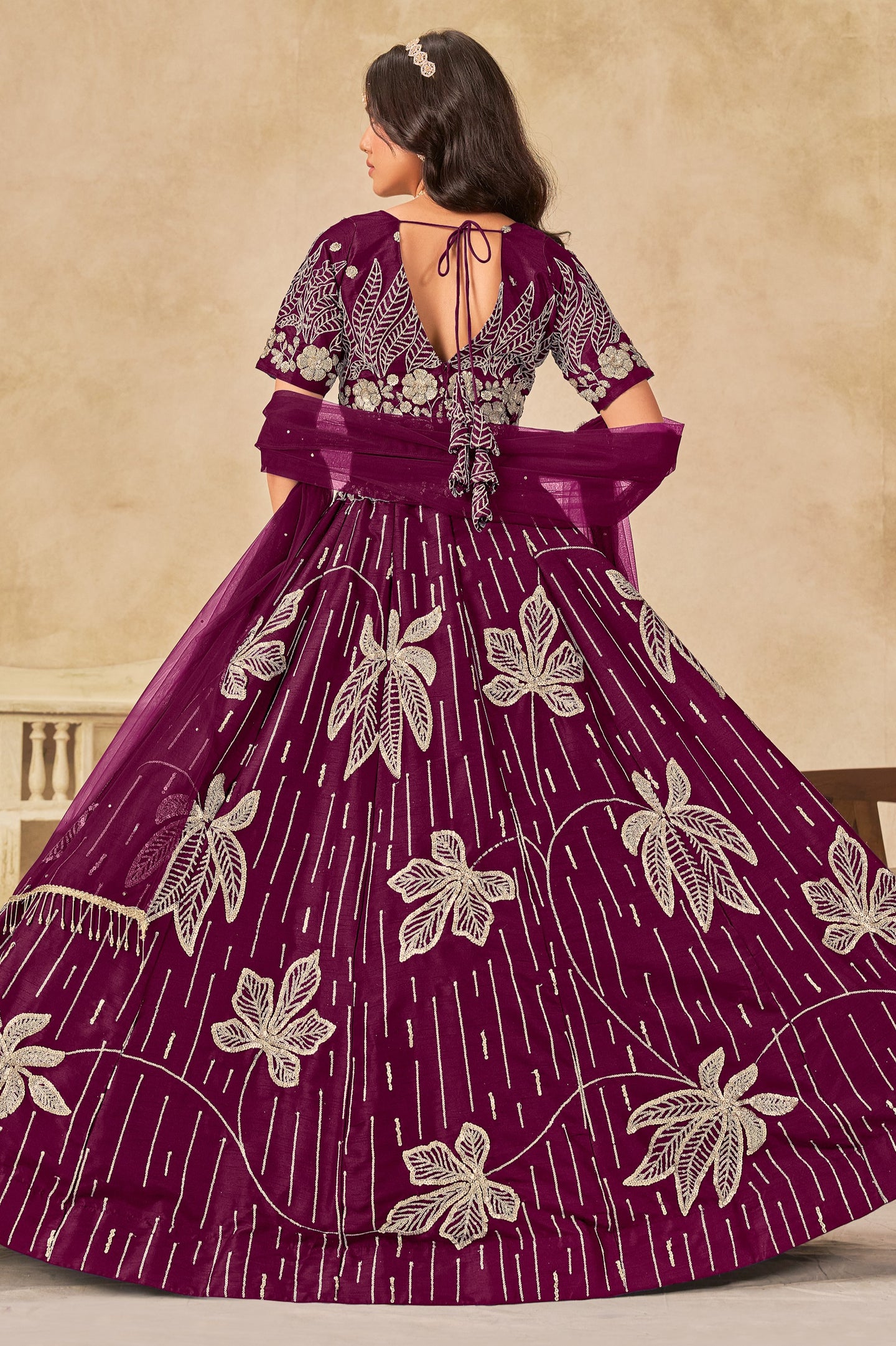 Wine Art Silk Lehenga Choli For Indian & Pakistani Wedding Festival - Sequins & Thread Embroidery Work