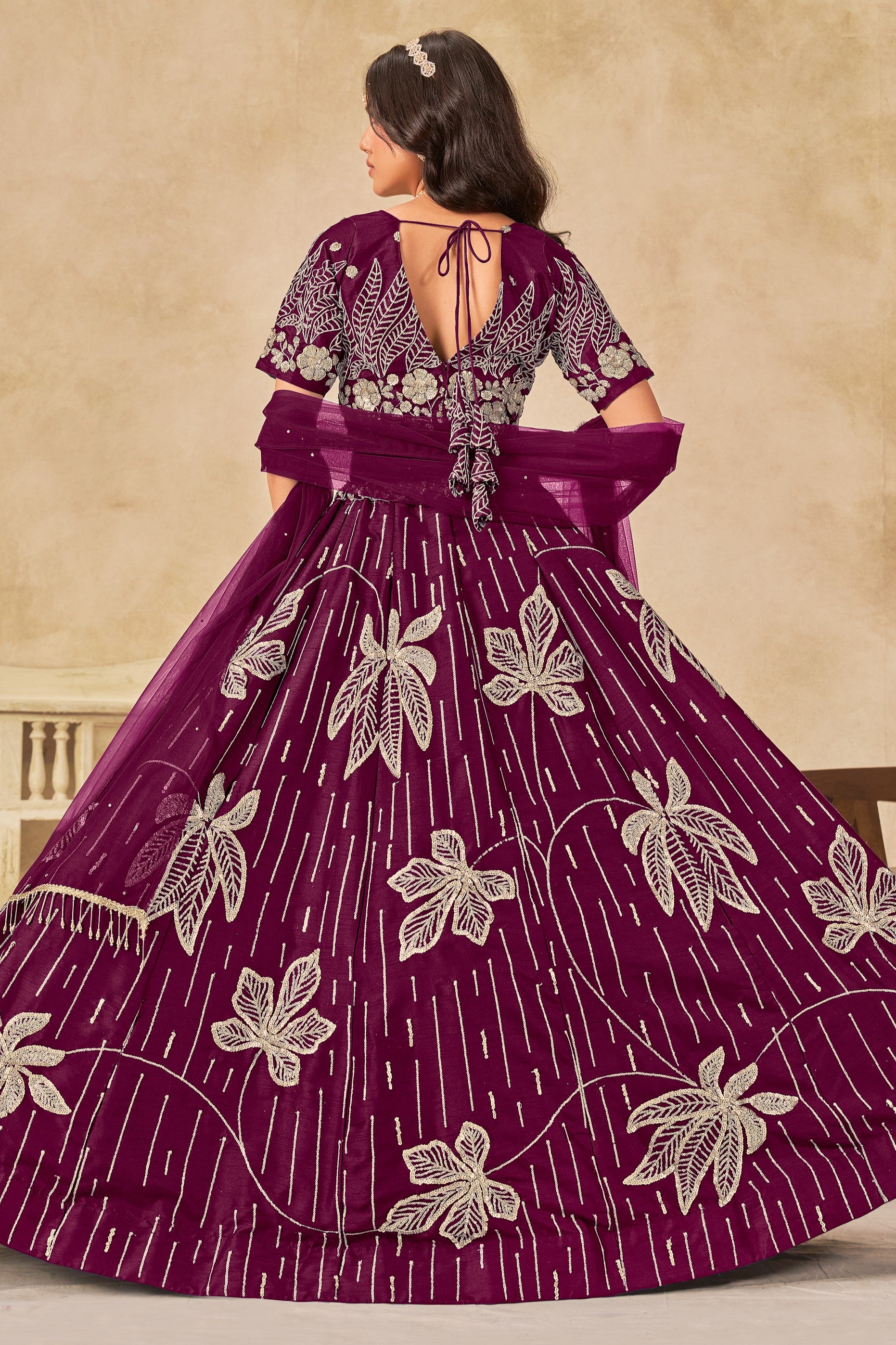 Wine Art Silk Lehenga Choli For Indian & Pakistani Wedding Festival - Sequins & Thread Embroidery Work