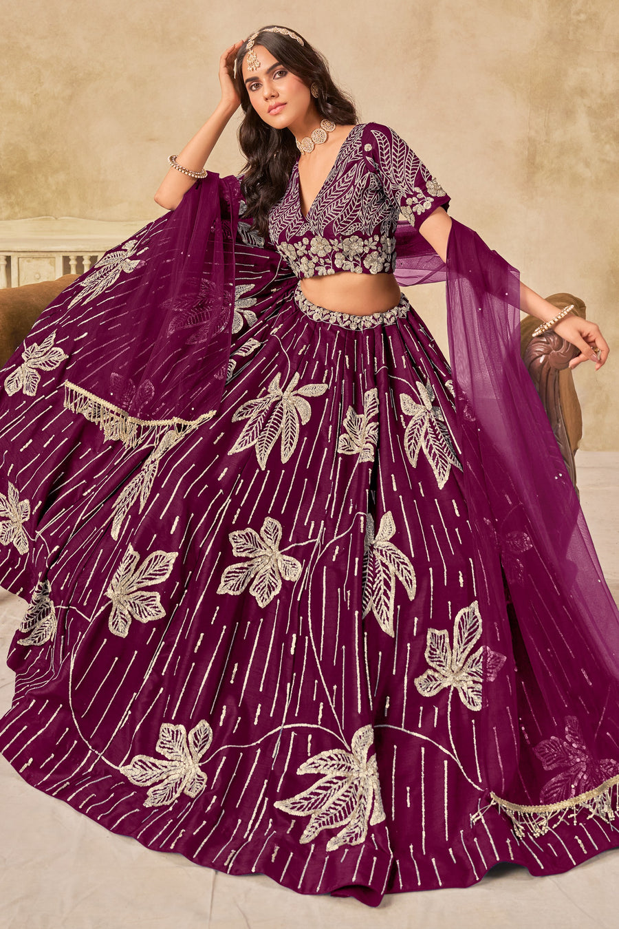 Wine Art Silk Lehenga Choli For Indian & Pakistani Wedding Festival - Sequins & Thread Embroidery Work