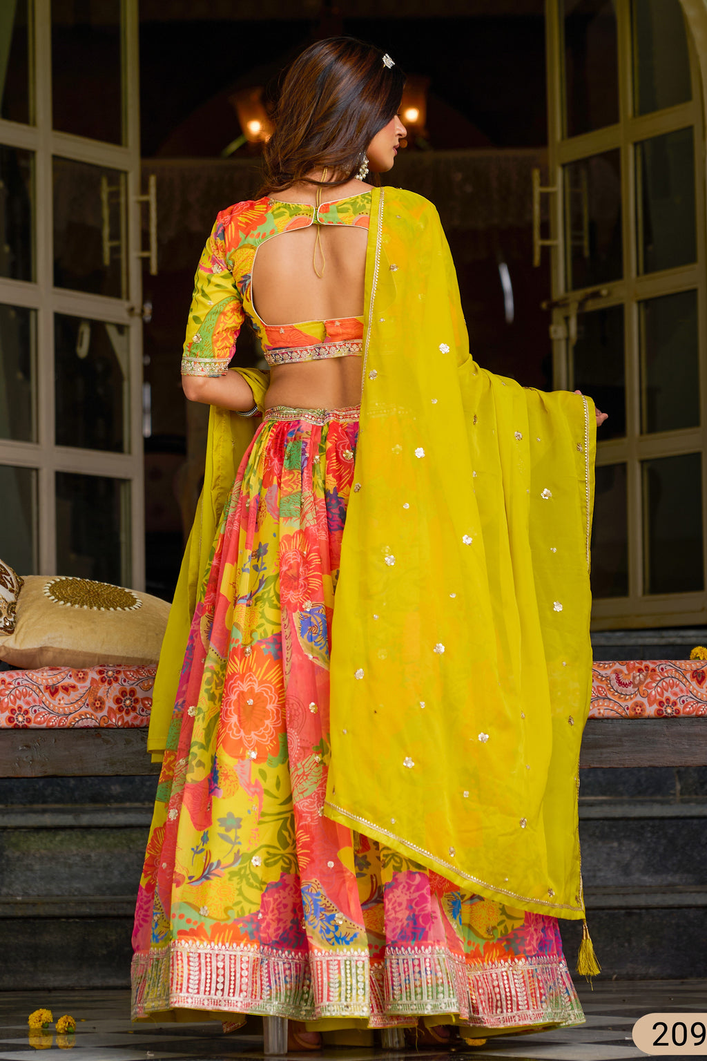 Yellow Sangeet Lehenga in Tabby Silk with Print & Embroidery Work