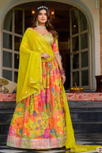 Yellow Sangeet Lehenga in Tabby Silk with Print & Embroidery Work