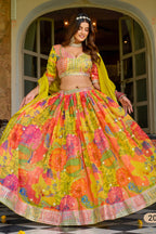 Yellow Sangeet Lehenga in Tabby Silk with Print & Embroidery Work
