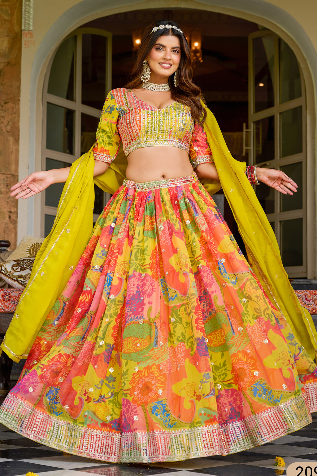 Yellow Sangeet Lehenga in Tabby Silk with Print & Embroidery Work