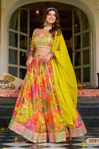 Yellow Sangeet Lehenga in Tabby Silk with Print & Embroidery Work