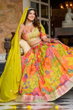 Yellow Sangeet Lehenga in Tabby Silk with Print & Embroidery Work