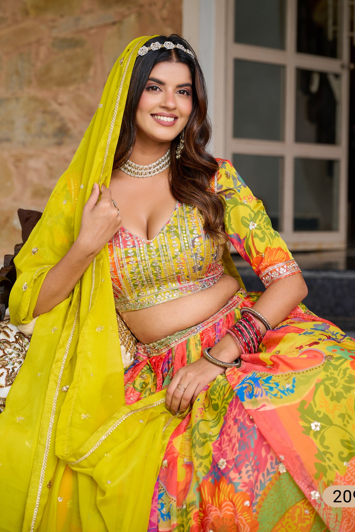 Yellow Sangeet Lehenga in Tabby Silk with Print & Embroidery Work